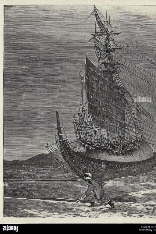 Prompt: 19th century wood-engraving of a Meiji era Japanese land warship walking on two legs, whole page illustration from Jules Verne book, art by Édouard Riou Jules Férat and Henri de Montaut, high quality, beautiful, highly detailed, removed watermarks