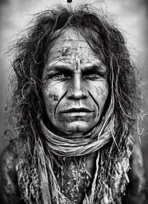 Image similar to Award winning Editorial photo of a Native Liechtensteiners with incredible hair and beautiful hyper-detailed eyes wearing traditional garb by Lee Jeffries, 85mm ND 5, perfect lighting, gelatin silver process