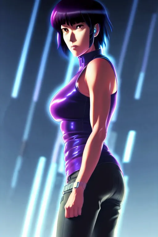 Image similar to a fullbody portrait of motoko kusanagi the major ghost in the shell : : stand alone complex, under repairs, maintenance : : by ilya kuvshinov, rossdraws, artgerm, sola digital arts, anti aliasing, raytracing : :