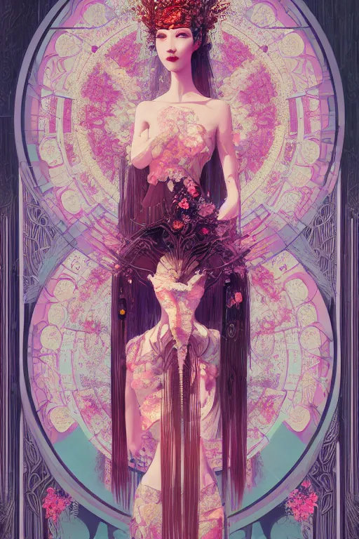 Prompt: portrait full body girl 3 kingdom breathtaking detailed concept art painting art deco pattern of birds goddesses amalmation flowers head thibetan temple, by hsiao ron cheng, tetsuya ichida, bizarre compositions, tsutomu nihei, exquisite detail, extremely moody lighting, 8 k, art nouveau, old chines painting, art nouveau
