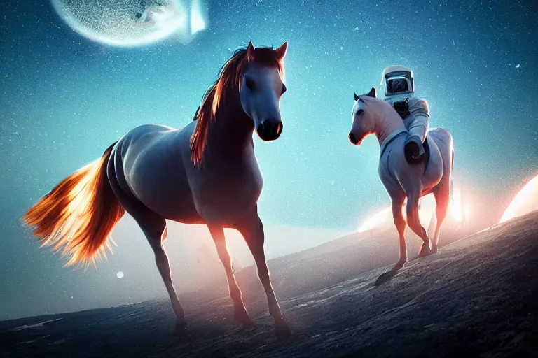 Image similar to a horse on top and an astronaut on bottom, horse is riding on the astronaut, 4 k, ultra details, cinematic, epic style, beautiful photo, hyper realistic, octane render, unreal engine, award winning, on artstation, volumetric lightning, masterpiece, golden hour,