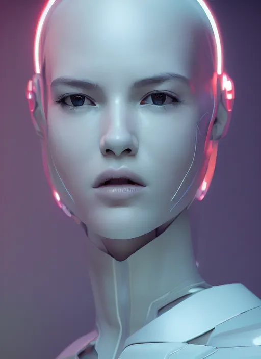 Image similar to white one cast futuristic biomechanics futuristic humanoid, pretty face, beautiful female, futuristic, neon lights, cyberpunk, 8 k, digital painting, by beeple and makoto shinkai, trending on cg society, glamour pose, high fashion, photorealistic, hyper realistic, environmental portrait, ambient occlusion render