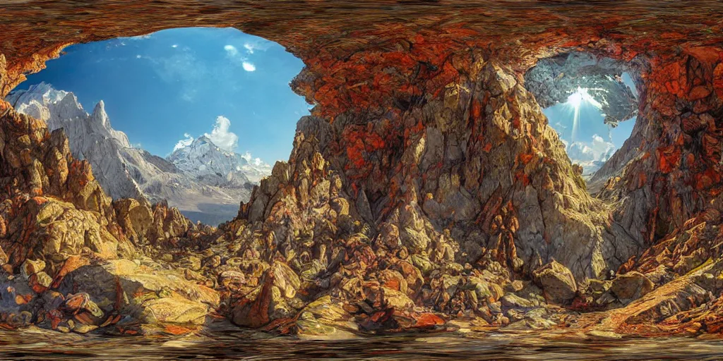 Image similar to streetview equirectangular 360 photo of cinematic shot of mount olympus, colorful, by Andy Thomas, Mario Martinez, Daniel Mirante, Gustave Dore, Artstation, CGsociety, masterpiece