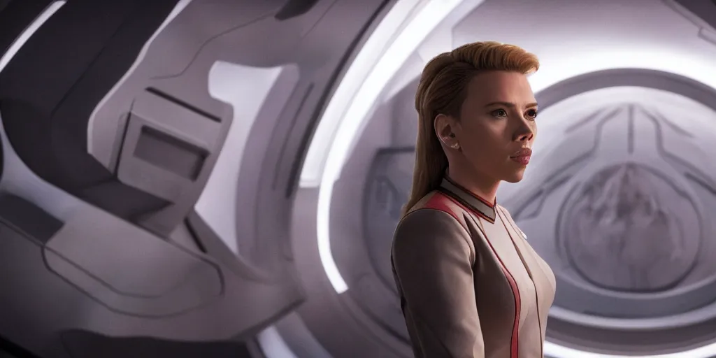 Prompt: Scarlett Johansson is captain of the starship Enterprise in the new Star Trek movie, 8k