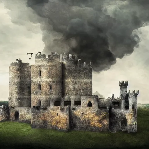 Prompt: crumbling old castle with legs moving towards a dense cityscape, smoke and sirens in the distance, digital art, hyperrealism