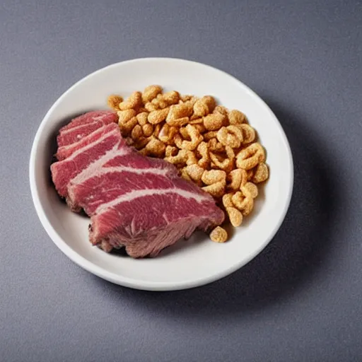 Image similar to promotional photo of a cereal box with cereal made of tiny steaks, their slogan is early meat!,