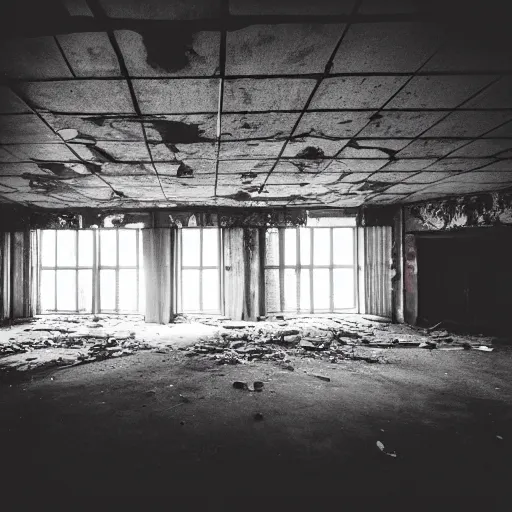 Image similar to photography of inside of an abandoned old cinema fitlh and grim apex creepy dark atmosphere fog dust, ray of sun from the rooftop, colorized, wide angle, 1 6 mm lens fujifilm, grainy film