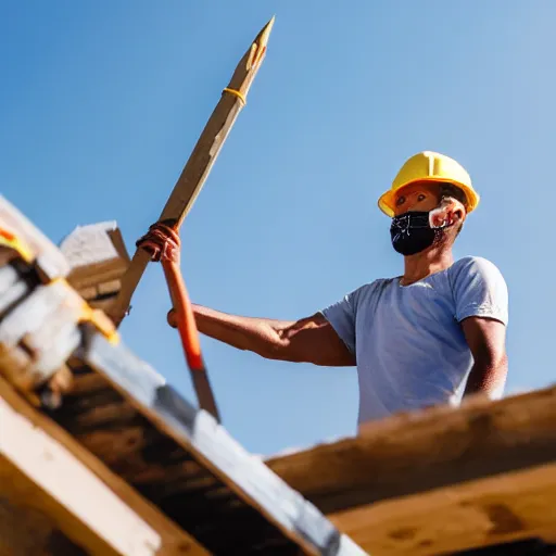 Image similar to a person wearing a crown who is supervising on a construction site and a leader of the team. holding a spear