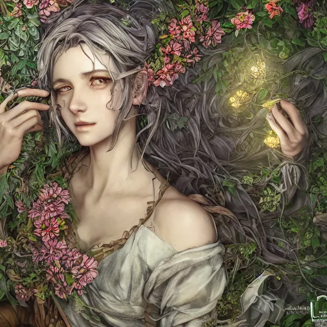 Prompt: the portrait of chaotic good female druid botanist as absurdly beautiful, gorgeous, elegant, young gravure idol, an ultrafine hyperdetailed illustration by kim jung gi, irakli nadar, intricate linework, bright colors, octopath traveler, final fantasy, unreal engine 5 highly rendered, global illumination, radiant light, detailed and intricate environment