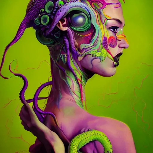 Prompt: art portrait of a furious girl with purple tentacles on her head, and bright green eyes, 8k,by tristan eaton, Stanley Artgermm,Tom Bagshaw,Greg Rutkowski,Carne Griffiths,trending on DeviantArt, face enhance,hyper detailed ,full of colour,