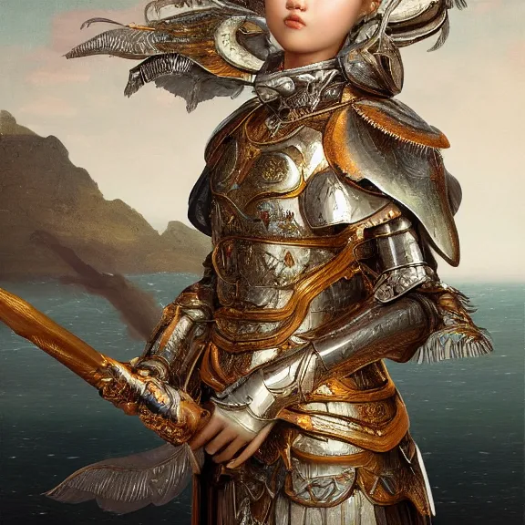 Image similar to highly detailed portrait of Hwang yeji wear a beautiful metal heron helmet cover whole face in shiny fairy style armour, sea in the background, Raffaello Sanzio style