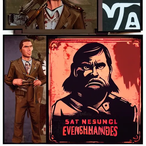 Image similar to ! detailed photorealistic pictures of saint neanderthalensis poster proganda about revolution, he holding red flags, with revolution logo, in the style of bioshock infinite art style and gta chinatown wars art style.