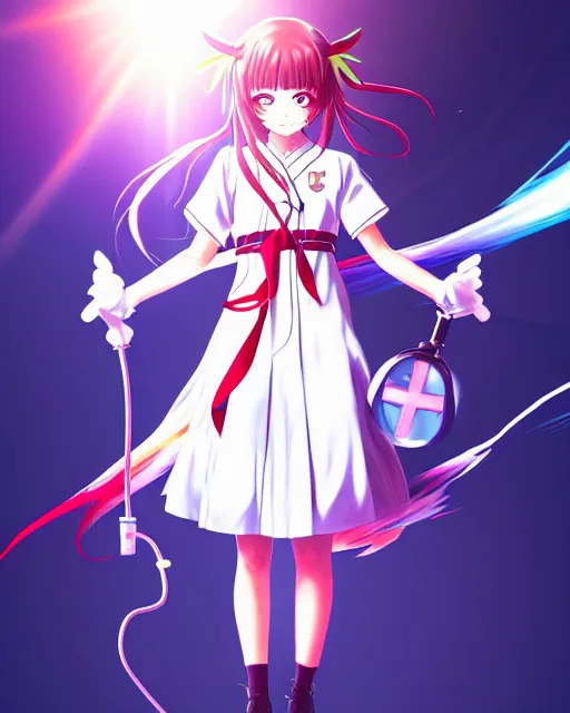 Image similar to anime style, vivid, expressive, full body, 4 k, painting, a cute magical girl with a long wavy black hair wearing a nurse outfit, stunning, realistic light and shadow effects, centered, simple background, studio ghibly makoto shinkai yuji yamaguchi