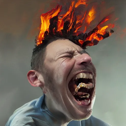 Image similar to a screaming man holds a burning graphics card, expressive oil painting, digital art, trending on artstation