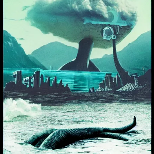 Image similar to the loch ness monster swimming through a retrofuturistic atompunk underwater city