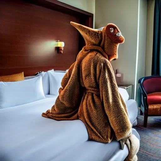 Image similar to a dragon wearing a bathrobe in a hotel room