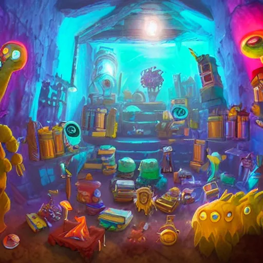 Image similar to these monsters are consumed by fire, yet they remain unharmed. they are surrounded by the tools of the alchemist's trade - beakers and test tubes full of colorful liquids, crystals, and books of ancient knowledge. the scene is suffused with an eerie glow, as if something magical is happening here.