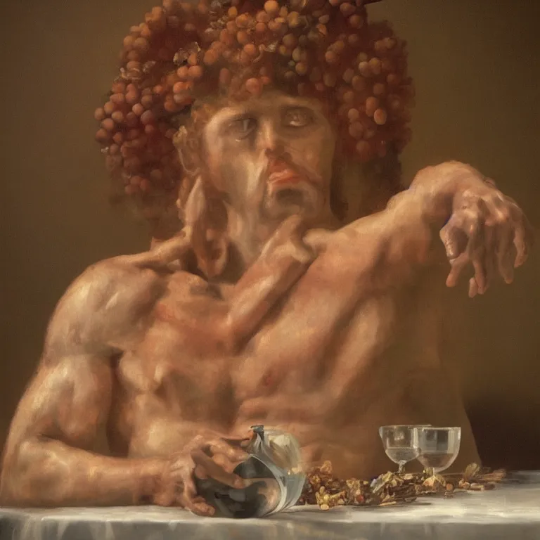 Image similar to raw, unsettling portrait of Dionysus, the Greek god of wine, drinking at the party to forget his heartbreak by 20th-century artist Francis Bacon, cinematic, hyper realism, octane render, 8k, depth of field