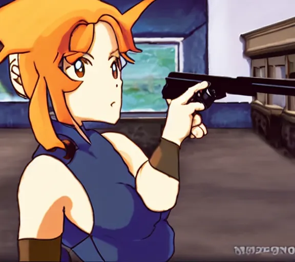 Image similar to marnie from chrono trigger pointing a gun at viewer