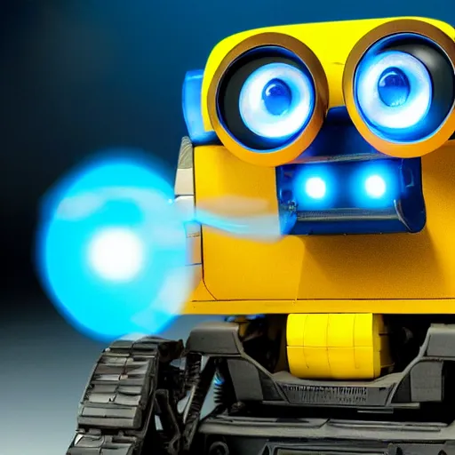 Prompt: wall - e, blue and yellow glowing lights, highly detailed, close up, sci - fi