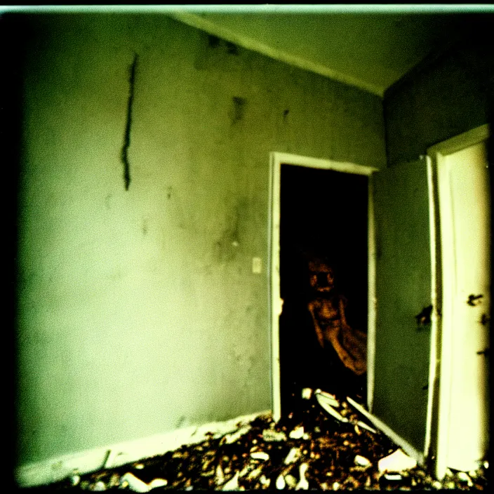 Image similar to unspeakable horrors, nightmare, horror, unknown, dark, liminal space, abandoned house, realistic, figure hiding in the corner, 3 5 mm, found footage, film shot