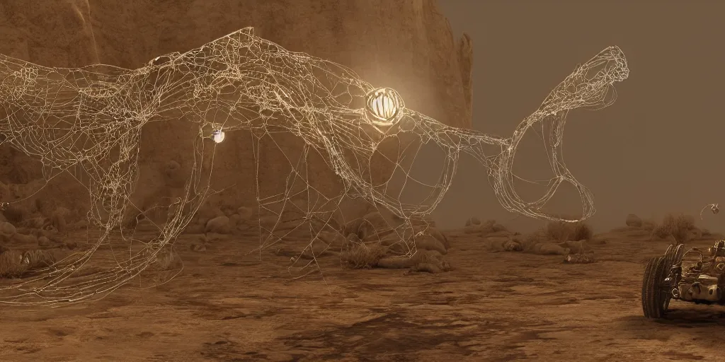 Prompt: A George Miller film shot, an ornate real characters made out of intricate metallic filament webs with cutaways to see into the Endocrine system built out of dust and light, floating in the desert night, photo-realism, very detailed feel, rendered in Octane, tiny points of light, caustic, 4k, beautiful lighting, backlit