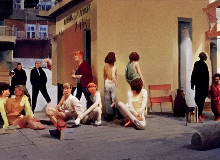 Image similar to still from an 7 0's underground art house movie by alejandro jodorowsky, edward hopper and chris cunningham : : outdoors scene, close - up of actors in an urban setting : : cinestill 8 0 0 tungsten 3 5 mm, high quality, triadic color scheme, technicolor