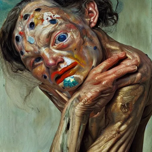 Prompt: high quality high detail painting by lucian freud and jenny saville, hd, crazy demonic witch, turquoise