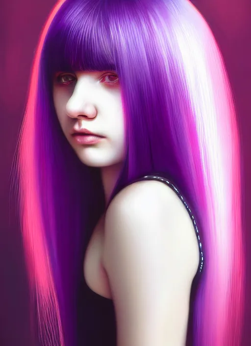 Image similar to hair whitebangs hair, black hair, whitebangs, portrait of teenage girl with white bangs, red irises, purple clothes, white bangs, bangs are different color from hair, intricate, elegant, glowing lights, highly detailed, digital painting, artstation, concept art, smooth, sharp focus, illustration, art by wlop, mars ravelo and greg rutkowski