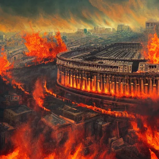 Image similar to Painting of the great fire of rome,abstract. realism, 8k, detailed, terror, octane render