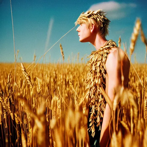 Image similar to lomography color 4 0 0 photograph of a skinny blonde guy standing in a field of wheat, flower crown, back view, golden ratio, light leak, grain, moody lighting, telephoto, 9 0 s vibe, blurry background, vaporwave colors!, faded!,