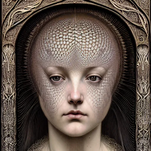 Image similar to beautiful young medieval queen face portrait by jean delville, gustave dore, iris van herpen and marco mazzoni, art forms of nature by ernst haeckel, art nouveau, symbolist, visionary, gothic, neo - gothic, pre - raphaelite, fractal lace, intricate alien botanicals, ai biodiversity, surreality, hyperdetailed ultrasharp octane render