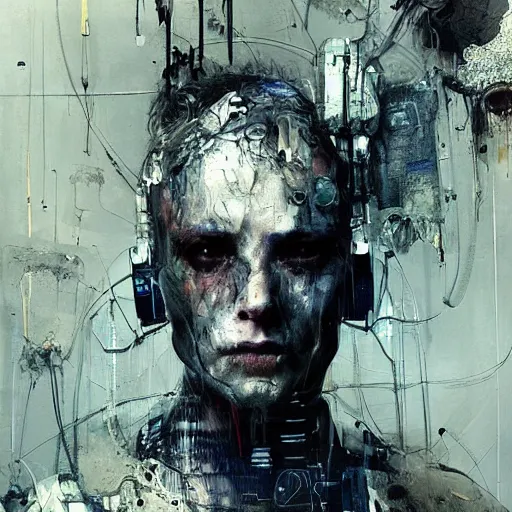 Prompt: cybernetic dream hunter, cyberpunk, wires, skulls!! machines ( by emil melmoth zdzislaw belsinki craig mullins yoji shinkawa ) realistic render ominous detailed photo atmospheric by jeremy mann francis bacon and agnes cecile ink drips paint smears!! digital glitches glitchart!!