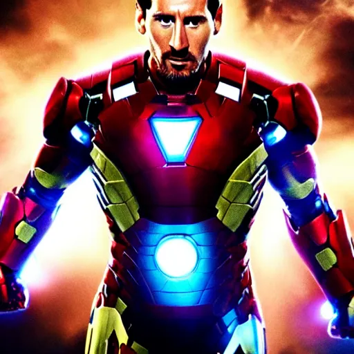 Prompt: Lionel Messi as Ironman in The Avengers, Marvel, Film Still, 35mm dramatic lighting, cinematic, deep focus, styleframe,