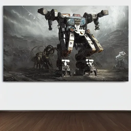 Image similar to epic painting of a realistic four - legged intricate battle robot, rule of thirds, subject in center of frame, detailed science fiction artwork, trending on artstation