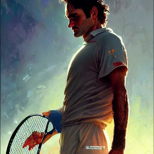 Image similar to roger federer as a hero, picture by greg rutkowski, dynamic pose, intricate, futuristic, fantasy, elegant, by stanley artgerm lau, greg rutkowski, thomas kindkade, alphonse mucha, loish, norman rockwell,