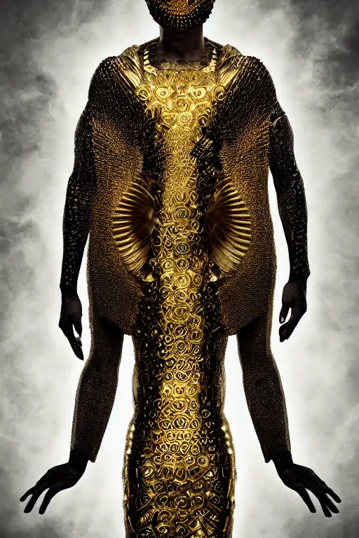 Prompt: god of mutually assured destruction, wearing organic ceramic fractal outfit with gold ornametrics, luxury materials, symmetrical, cinematic, elegant, professional studio light, real dlsr photography, sharp focus, 4 k, ultra hd, sense of awe, high fashion