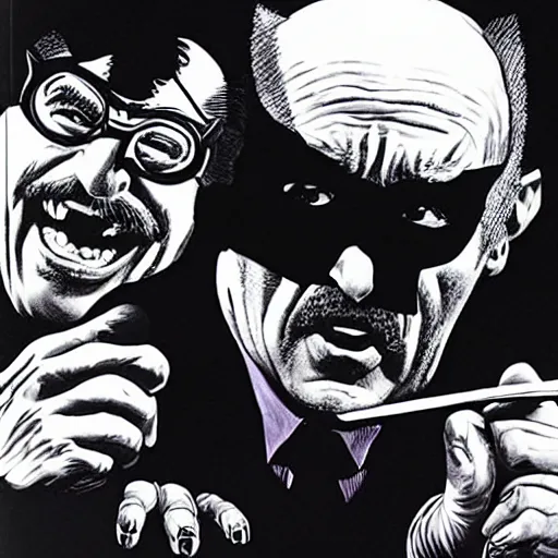 Prompt: danny devito as magneto battling groucho marx as wolverine, graphic novel drawing by alex ross