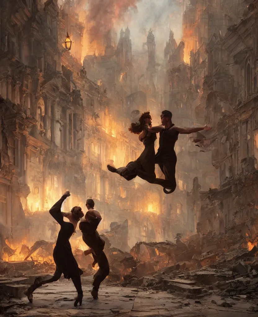Image similar to concept art of a couple dancing in the middle of ruins of a victorian city surronded by fire, by j. c. leyendecker, wlop, ruins, dramatic, octane render, epic painting, extremely detailed