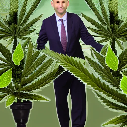 Prompt: naftali Bennett holding a giant marijuana plant, amazing digital art, highly detailed