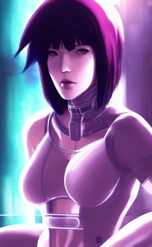 Image similar to a still fullbody portrait of motoko kusanagi ghost in the shell, finely detailed features, closeup at the faces, perfect art, at a cyberpunk city, gapmoe yandere grimdark, trending on pixiv fanbox, by ilya kuvshinov, rossdraws, artgerm