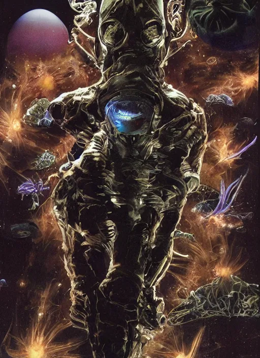 Image similar to astronauts divers in dark void underwater - complex and hyperdetailed technical suit design. reflection and dispersion materials. rays and dispersion of light. volumetric light. f / 3 2. noise film photo. flash photography. ultra realistic, 5 0 mm. poster by wayne barlowe, hajime sorayama aaron horkey, craig mullins