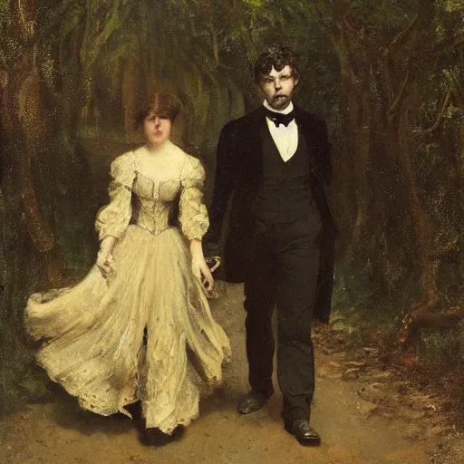 Image similar to young victorian man and woman traversing a dark maze while being followed by a horrible monster, painted by alfred stevens