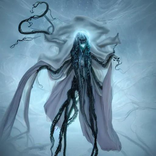 Image similar to concept designs of a chained ethereal ghostly wraith like figure with a squid like parasite latched onto its transparent skull and long tentacle arms that flow lazily but gracefully at its sides like a cloak while it floats around a frozen rocky tundra in the snow searching for lost souls and that hides amongst the frozen underbrush, this character has hydrokinesis and electrokinesis for the resident evil village video game franchise with inspiration from the franchise Bloodborne in the style of arcane the series on netflix