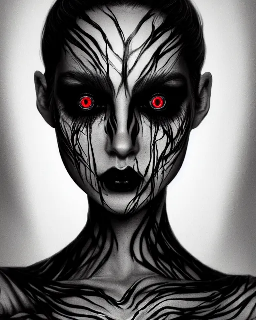 Image similar to dreamy portrait of a beautiful female personification of death with black veins and glowing eyes, ultra realistic, highly detailed, hd, sharp focus, cinematic lighting, mood lighting, realistic, photorealistic, vivid colors, painting, photograph, digital art, non blurry, sharp, artstation, concept art, smooth, illustration