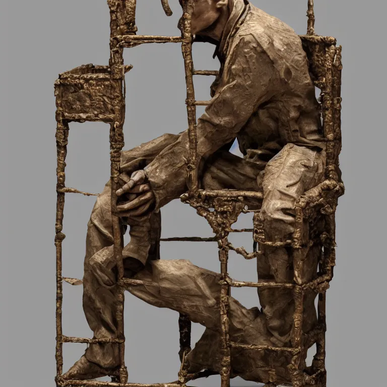 Prompt: hyperrealistic sculpture of a fossilized bronze male uyghur chinese prisoner in a cage made of low poly acrylic on a pedestal by ron mueck and duane hanson and lee bontecou, hyperrealistic dramatic colored lighting trending on artstation 8 k