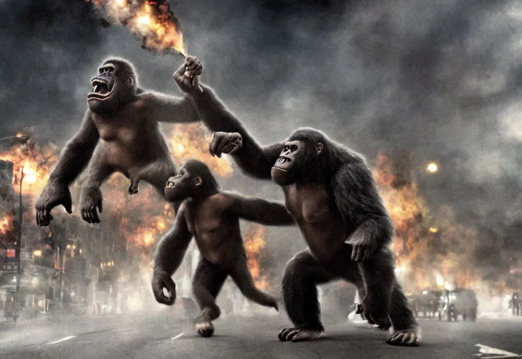 Image similar to An king Kong rage on street, Hollywood scene , cinematic , 2012, end of the world movie , full color