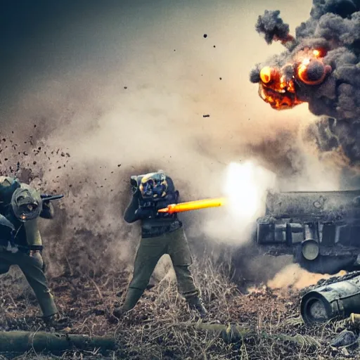 Image similar to minions firing a minigun from a pillbox, debris and dirt flying from recoil, smoke, war photography