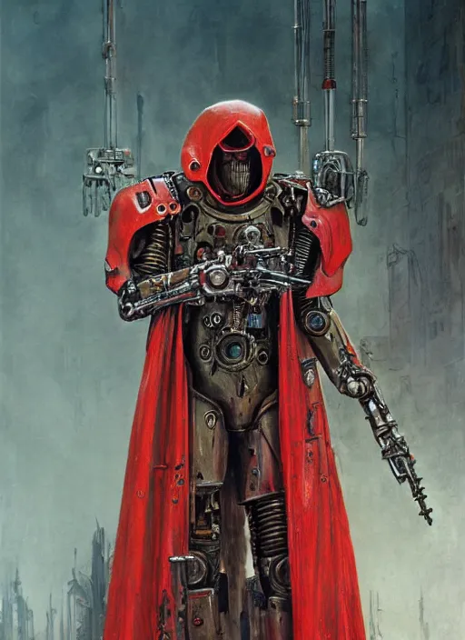 Image similar to portrait of rotten Tom Cruise as adeptus mechanicus in red hood and robe from Warhammer 40000. Highly detailed, artstation, illustration by and John Blanche and zdislav beksinski and wayne barlowe and Gustav Klimt