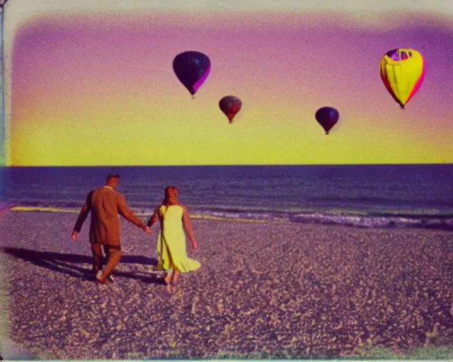 Image similar to a couple walks on the beach, thousands of multicolored hot air balloons float in the sky, violet and yellow sunset, polaroid photo, whimsical and psychedelic, 1 9 6 0 s, grainy, expired film, glitched